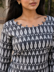 Grey & White Ikat Printed Short Kurti in Cotton
