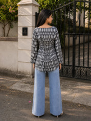 Grey & White Ikat Printed Short Kurti in Cotton