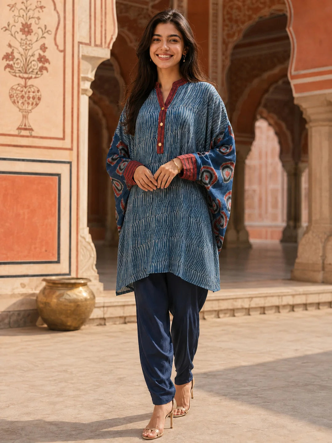 Blue & Maroon Abstract Printed Anti-Fit Eagle Style Co-ord Set in Crepe
