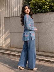 Blue & Pink Paisley and Floral Jaal Printed Short Kurti in Cotton