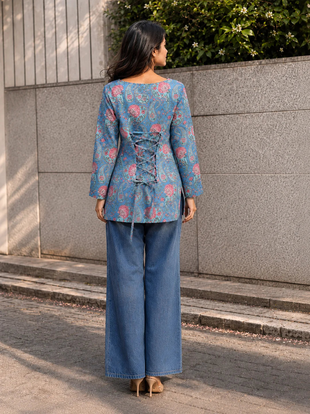 Blue & Pink Paisley and Floral Jaal Printed Short Kurti in Cotton
