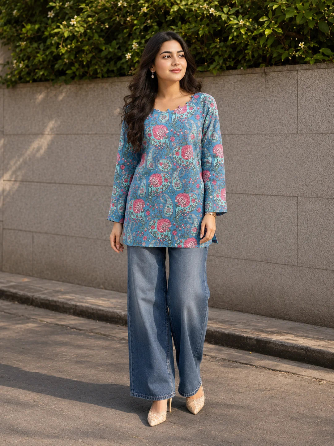 Blue & Pink Paisley and Floral Jaal Printed Short Kurti in Cotton