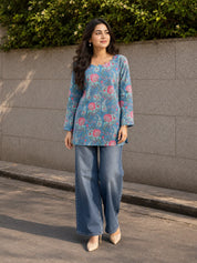 Blue & Pink Paisley and Floral Jaal Printed Short Kurti in Cotton
