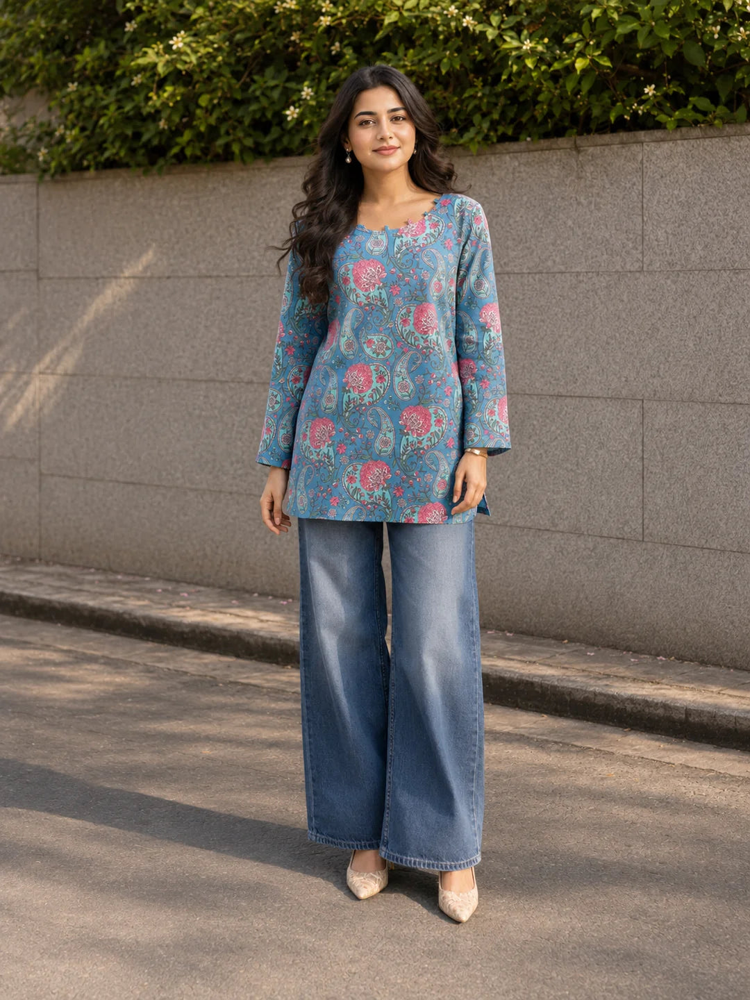 Blue & Pink Paisley and Floral Jaal Printed Short Kurti in Cotton