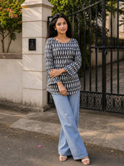 Grey & White Ikat Printed Short Kurti in Cotton