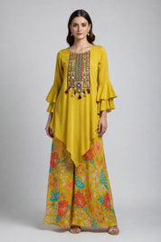 Yellow Asymmetrical Embroidered Kurti & Floral Palazzo Co-ord Set
