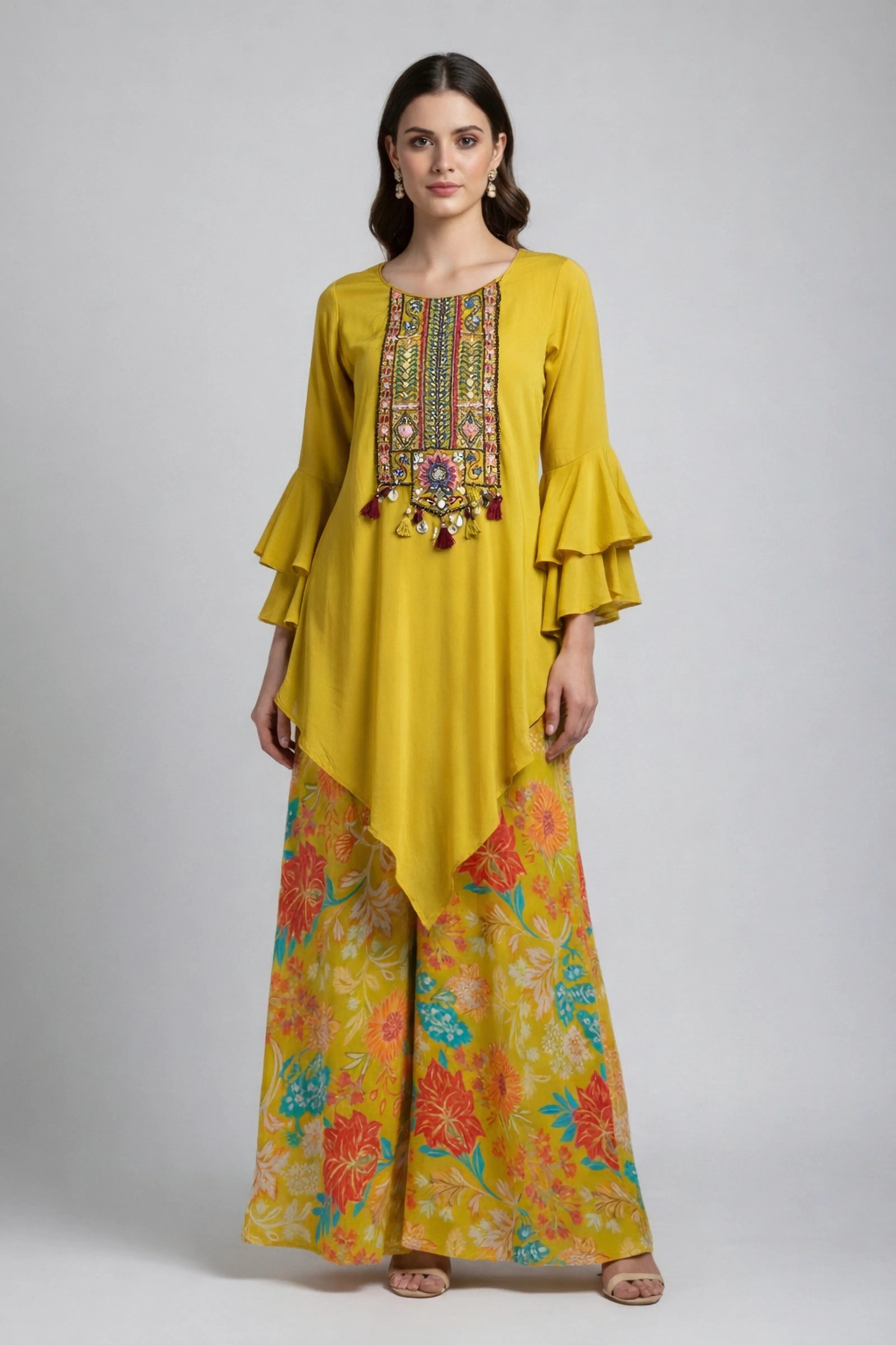 Yellow Asymmetrical Embroidered Kurti & Floral Palazzo Co-ord Set