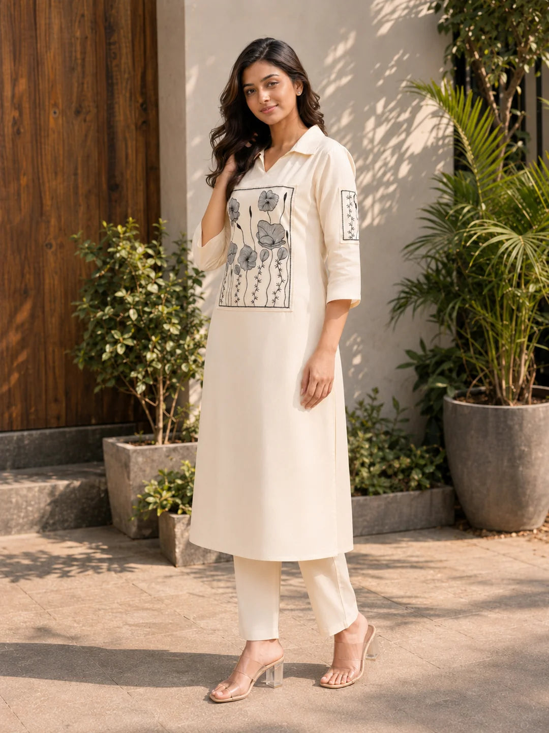 Cream Kurta Set with Black Floral Embroidery