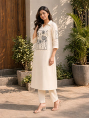 Cream Kurta Set with Black Floral Embroidery