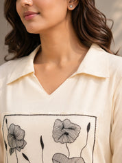 Cream Kurta Set with Black Floral Embroidery