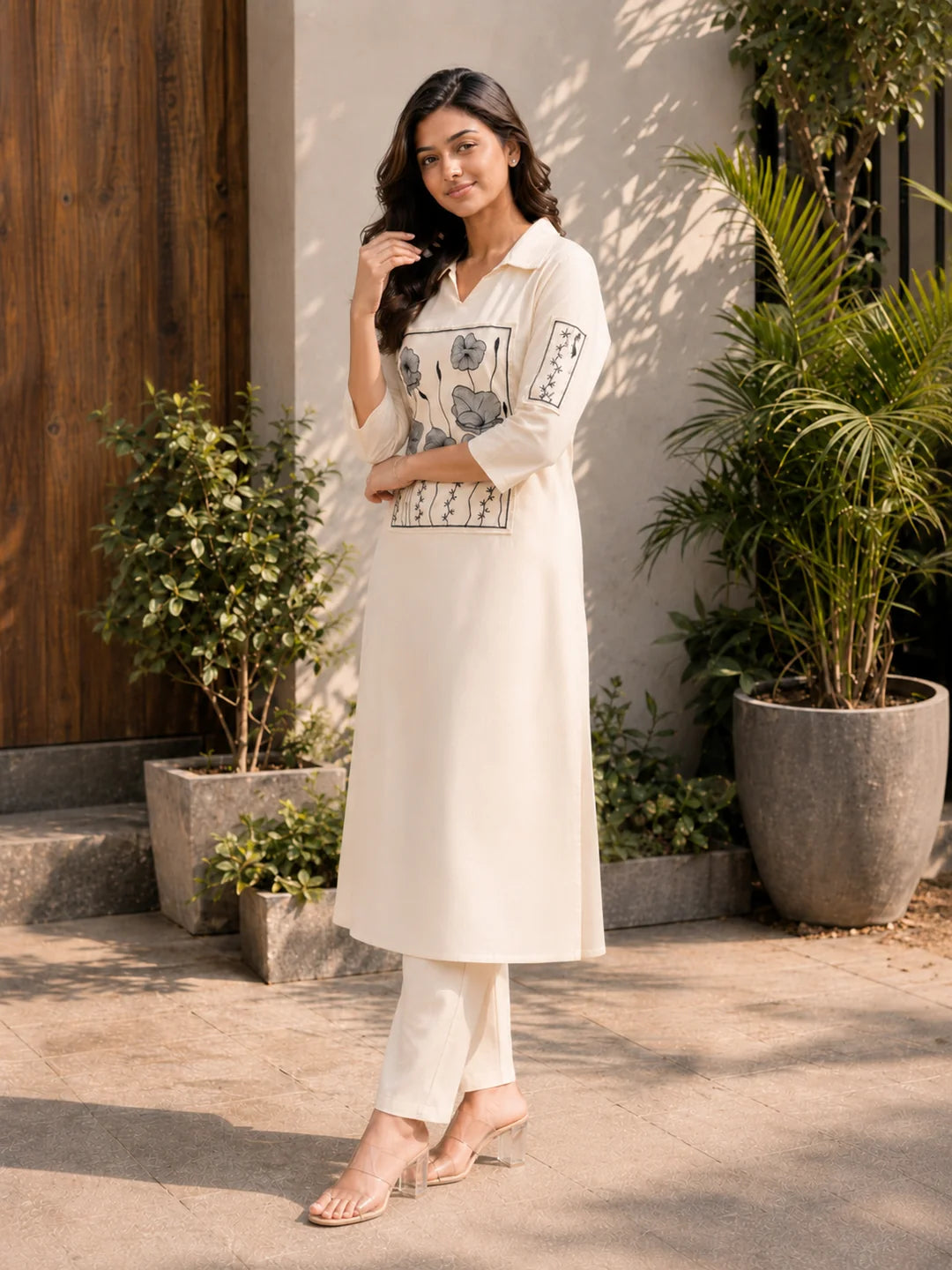 Cream Kurta Set with Black Floral Embroidery