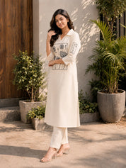 Cream Kurta Set with Black Floral Embroidery