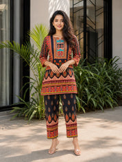 Black Ethnic Multicolor Printed & Embellished Co-ord Set in Crepe