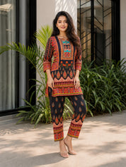 Black Ethnic Multicolor Printed & Embellished Co-ord Set in Crepe