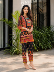 Black Ethnic Multicolor Printed & Embellished Co-ord Set in Crepe