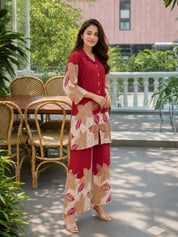 Maroon Bold Floral Printed Russian Silk Co-ord Set
