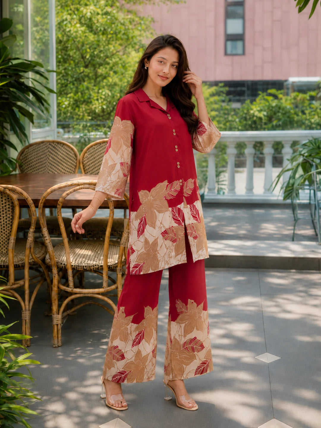 Maroon Bold Floral Printed Russian Silk Co-ord Set