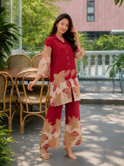 Maroon Bold Floral Printed Russian Silk Co-ord Set