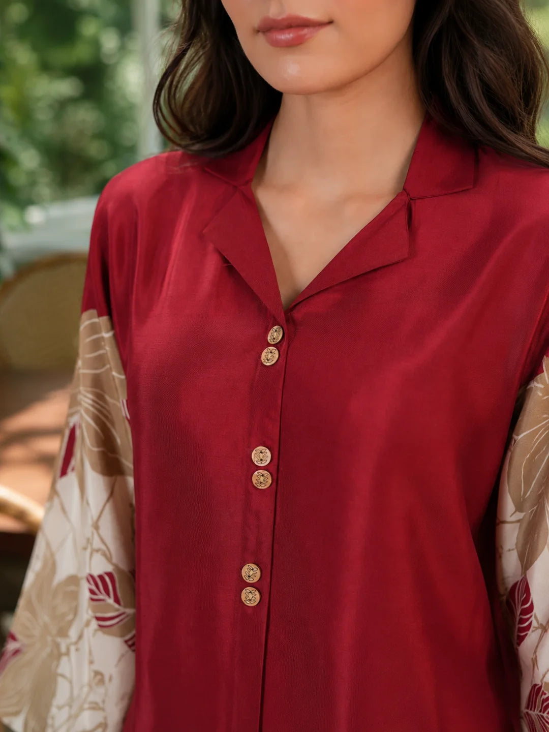 Maroon Bold Floral Printed Russian Silk Co-ord Set