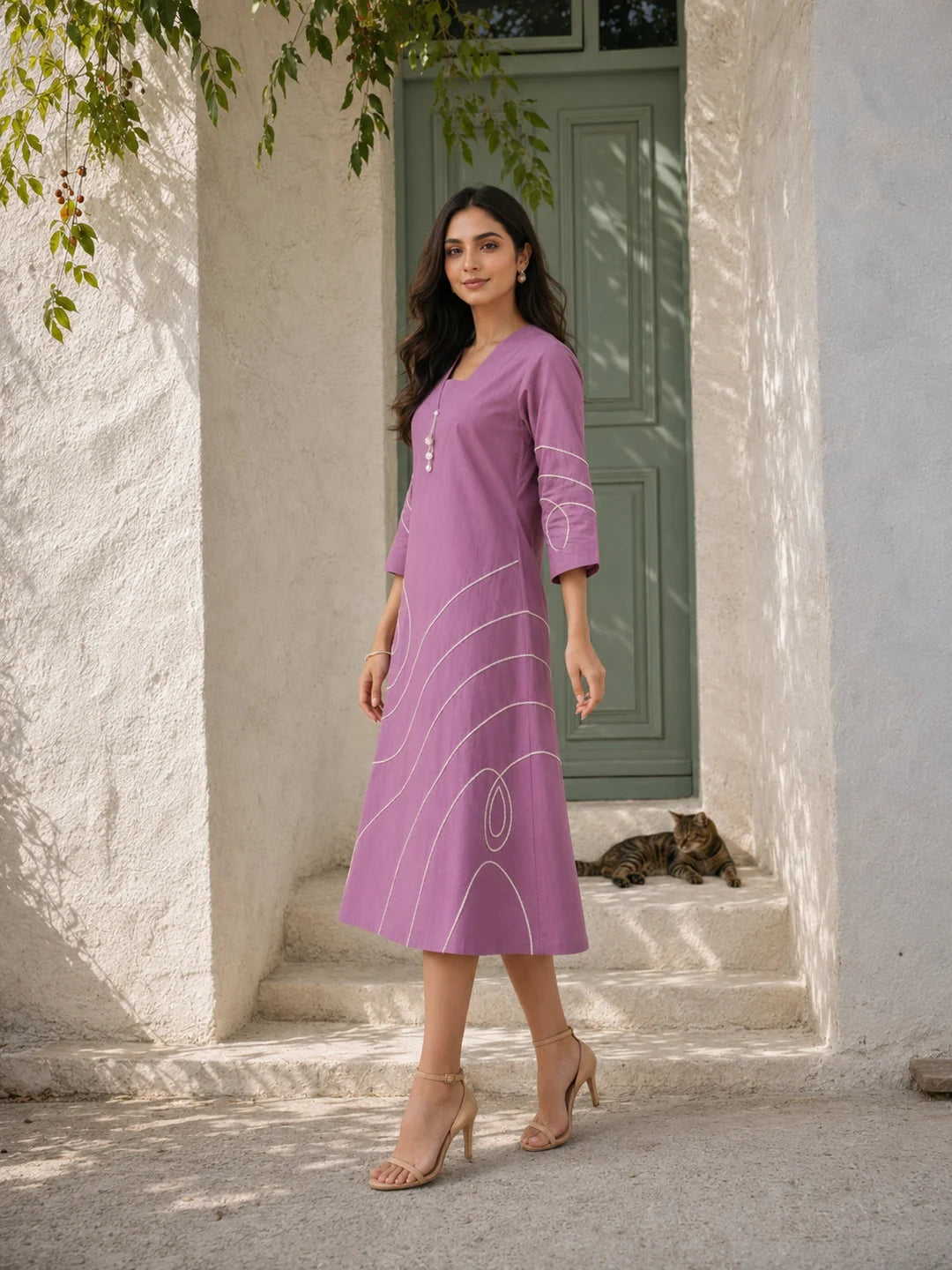 Lilac Abstract Cord Work Midi Dress in Cotton Cambric