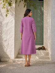 Lilac Abstract Cord Work Midi Dress in Cotton Cambric