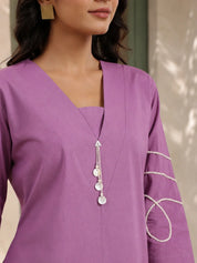 Lilac Abstract Cord Work Midi Dress in Cotton Cambric