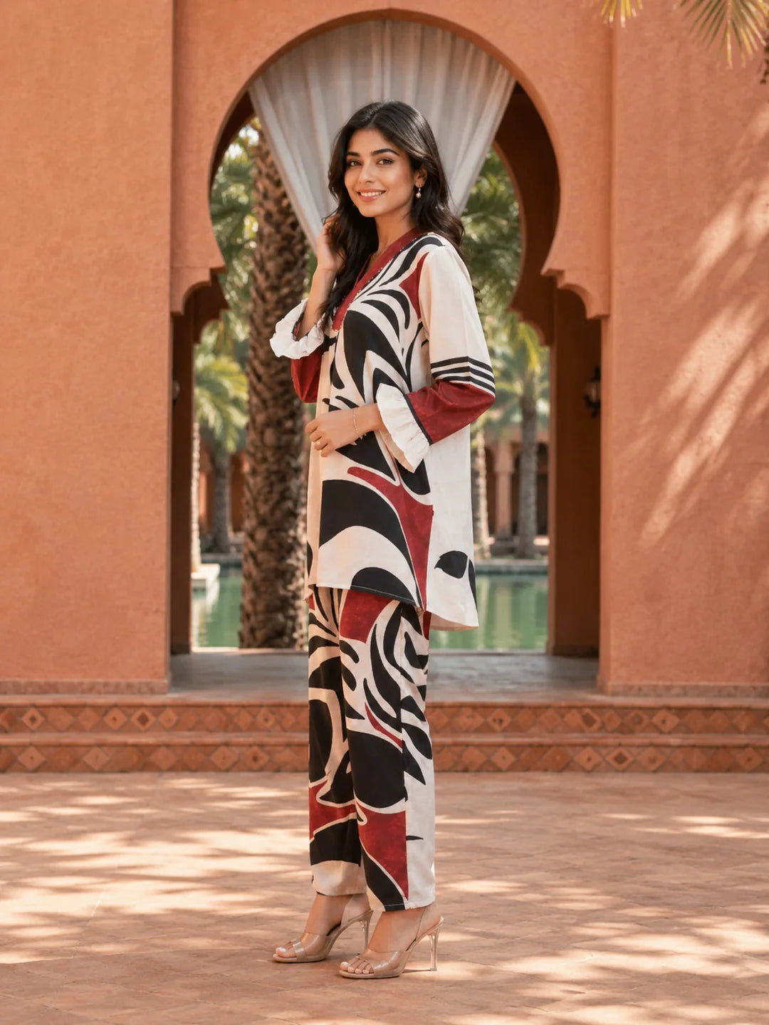 Cream Base Bold Placement Printed V-Neck Co-Ord Set in Muslin