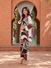 Cream Base Bold Placement Printed V-Neck Co-Ord Set in Muslin