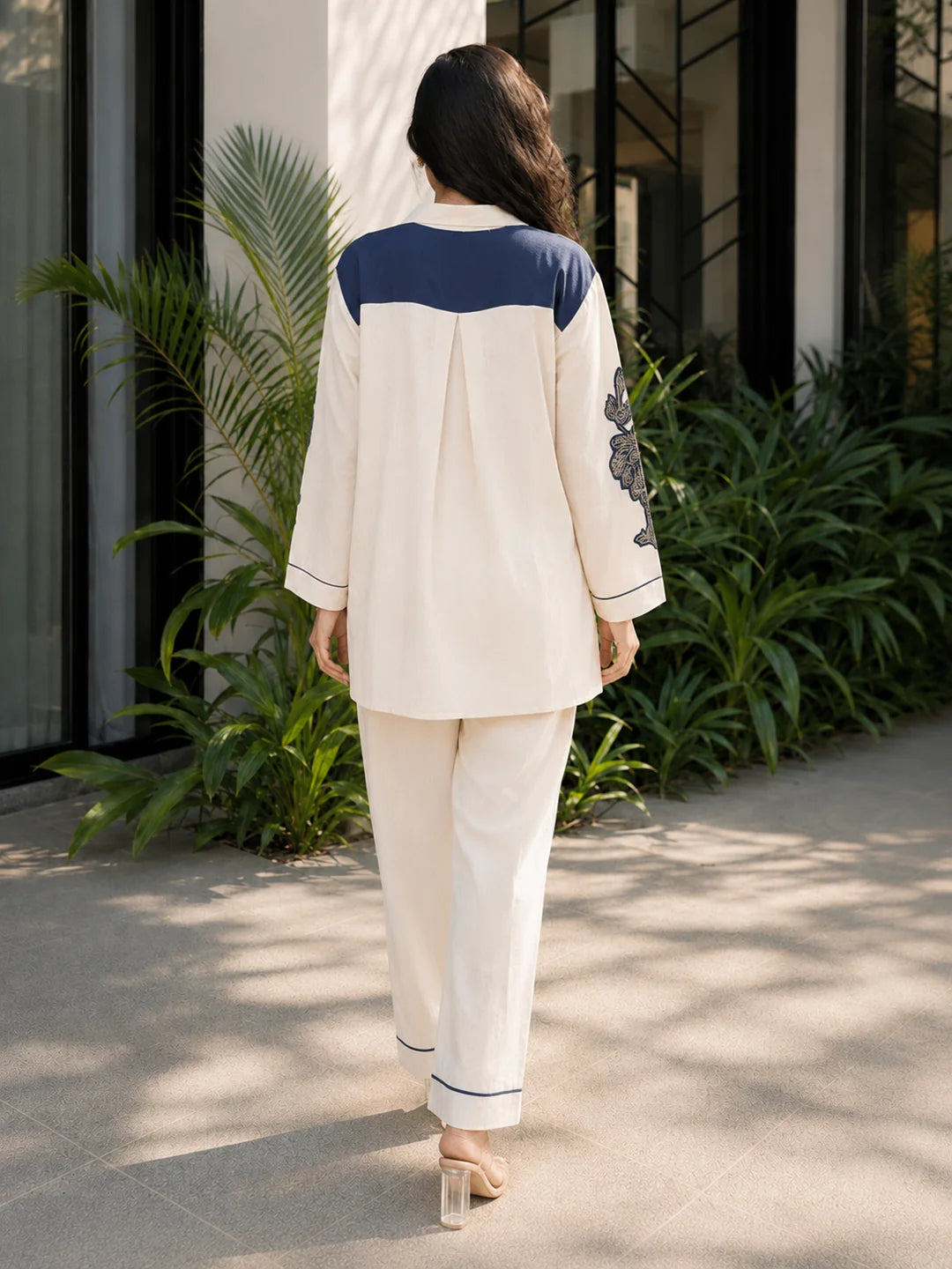 Organic White Blue Appliqué Embroidered Co-ord Set in Handloom Cotton