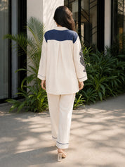Organic White Blue Appliqué Embroidered Co-ord Set in Handloom Cotton