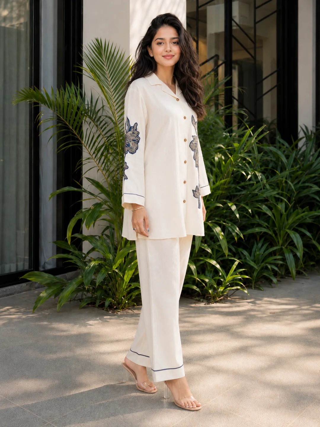 Organic White Blue Appliqué Embroidered Co-ord Set in Handloom Cotton