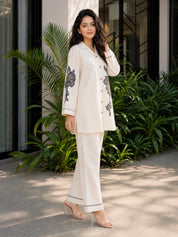 Organic White Blue Appliqué Embroidered Co-ord Set in Handloom Cotton