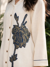 Organic White Blue Appliqué Embroidered Co-ord Set in Handloom Cotton
