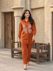 Rust Orange Floral Embroidered Co-ord Set in Handloom Cotton