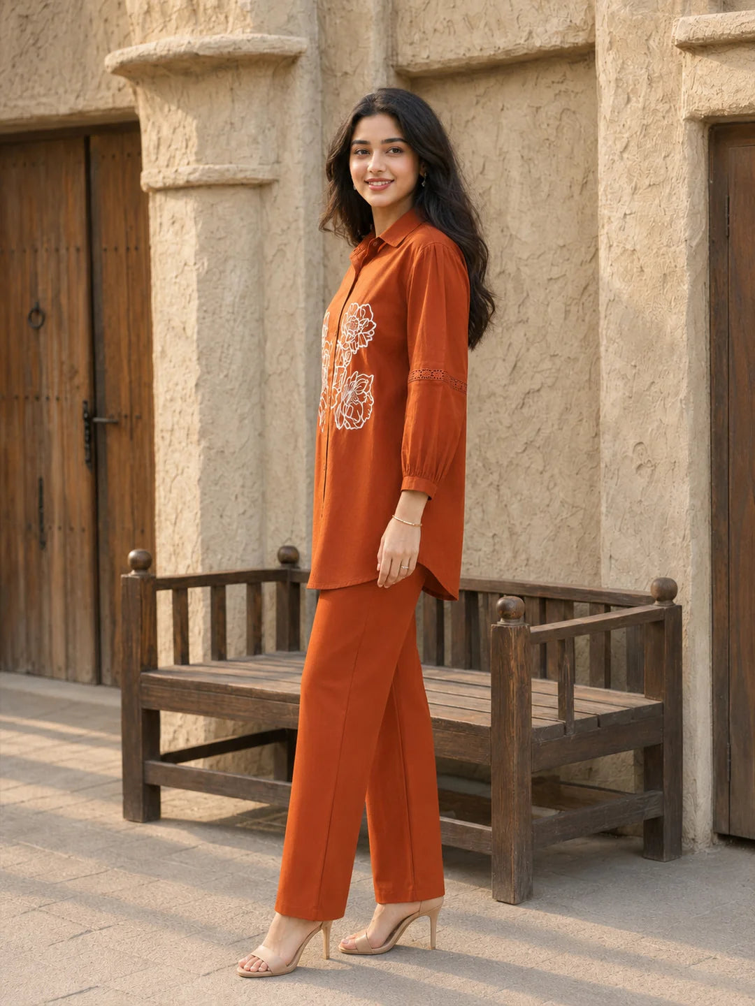 Rust Orange Floral Embroidered Co-ord Set in Handloom Cotton