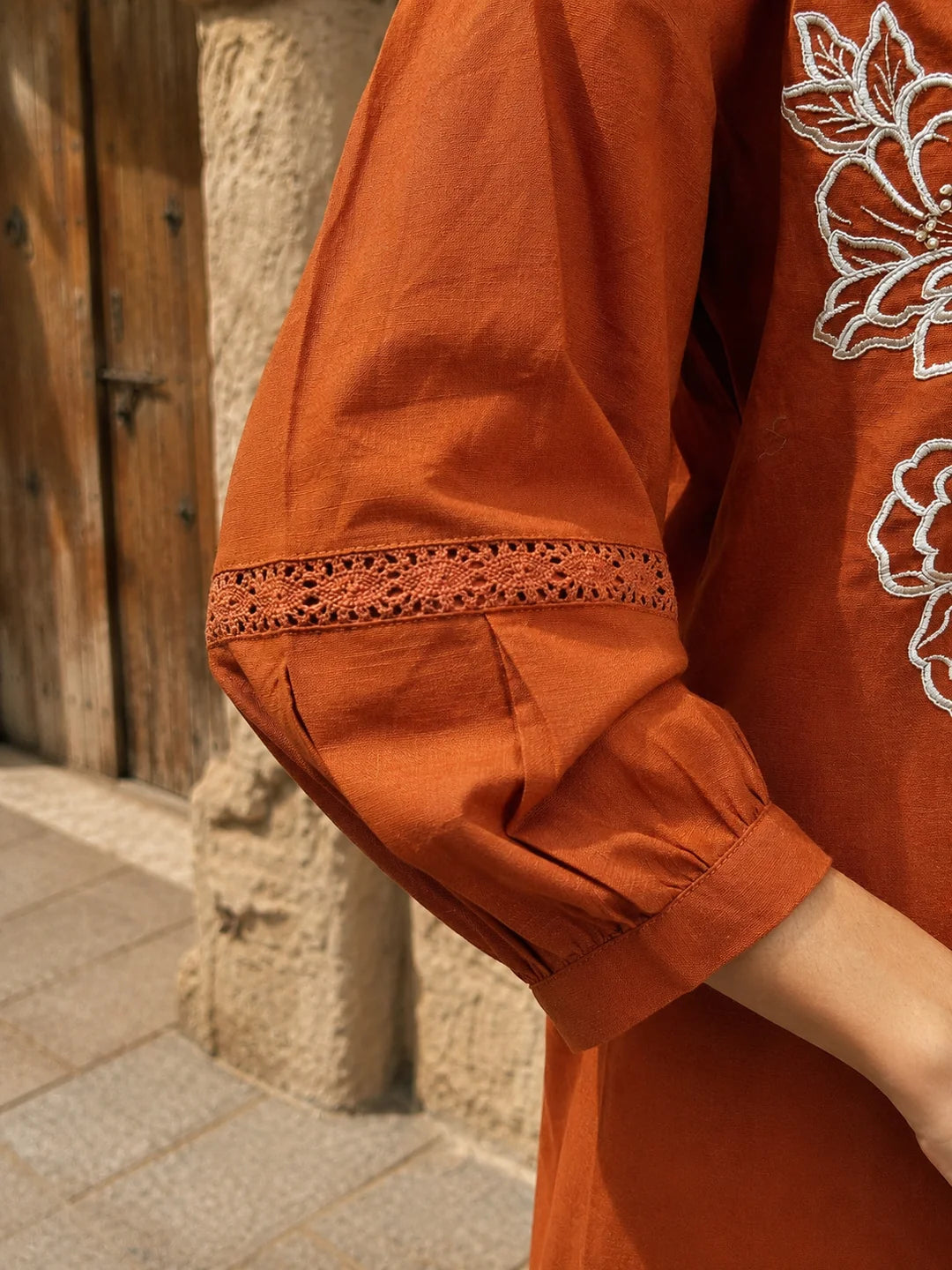 Rust Orange Floral Embroidered Co-ord Set in Handloom Cotton