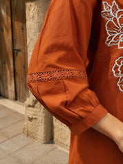 Rust Orange Floral Embroidered Co-ord Set in Handloom Cotton