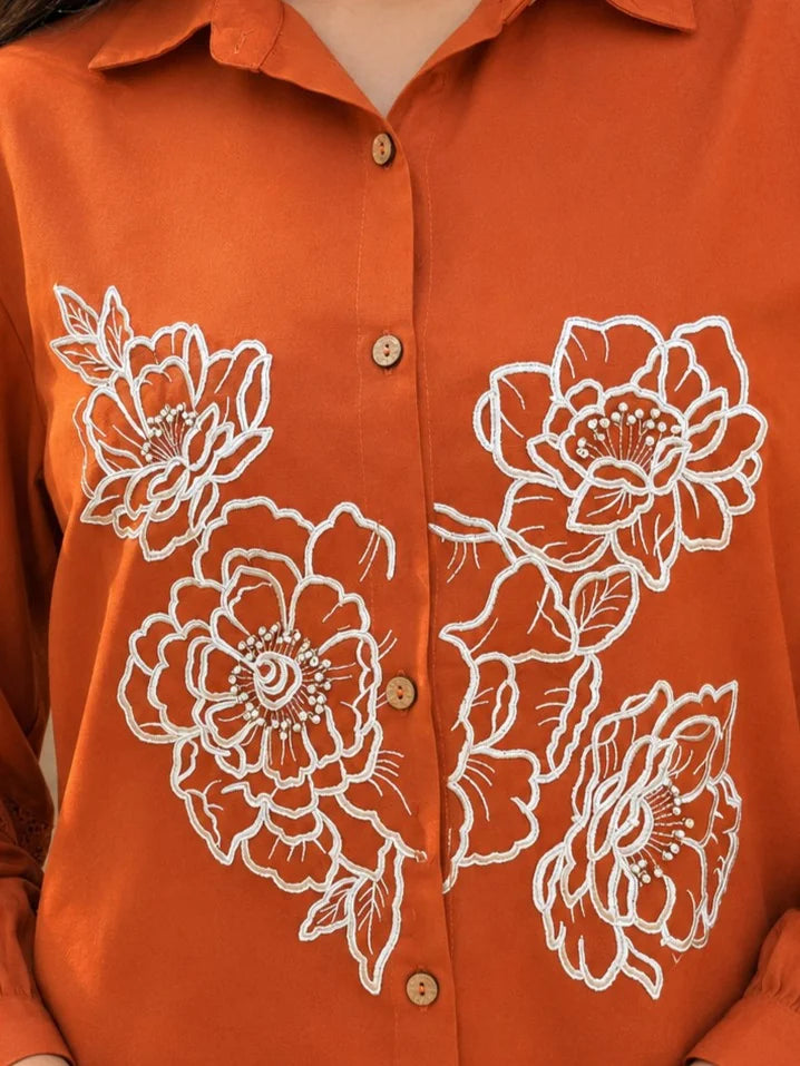 Rust Orange Floral Embroidered Co-ord Set in Handloom Cotton