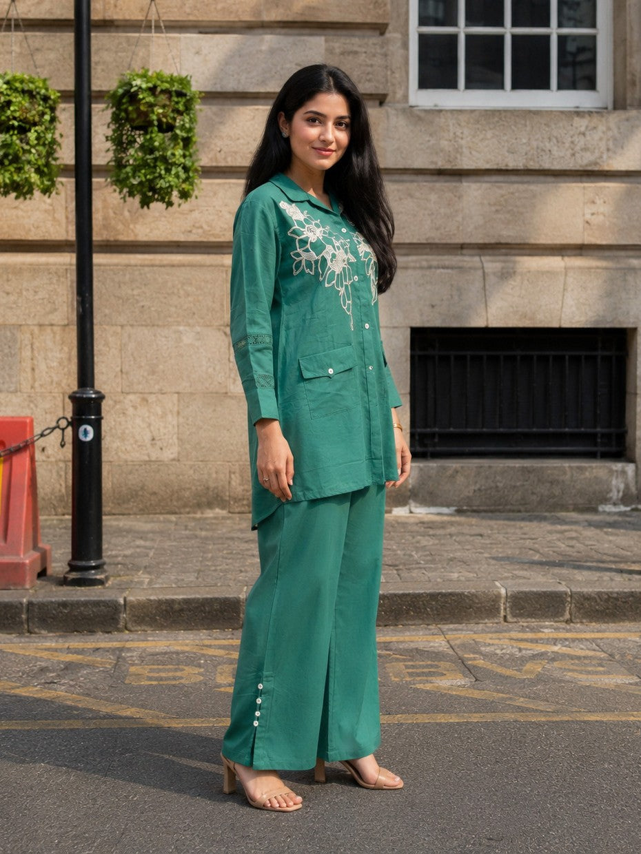 Turquoise Floral Embroidered Co-ord Set in Handloom Cotton