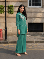 Turquoise Floral Embroidered Co-ord Set in Handloom Cotton