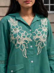 Turquoise Floral Embroidered Co-ord Set in Handloom Cotton
