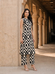 Cream & Black Abstract Geometric Print Kurta Pant Set in Russian Silk