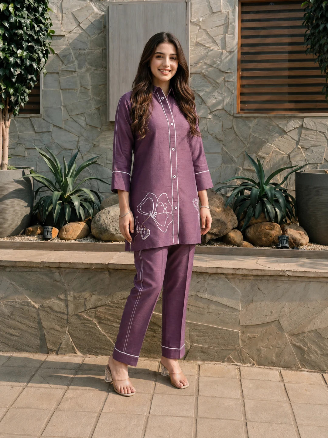 Purple Dola Silk Thread Work Co-ord Set