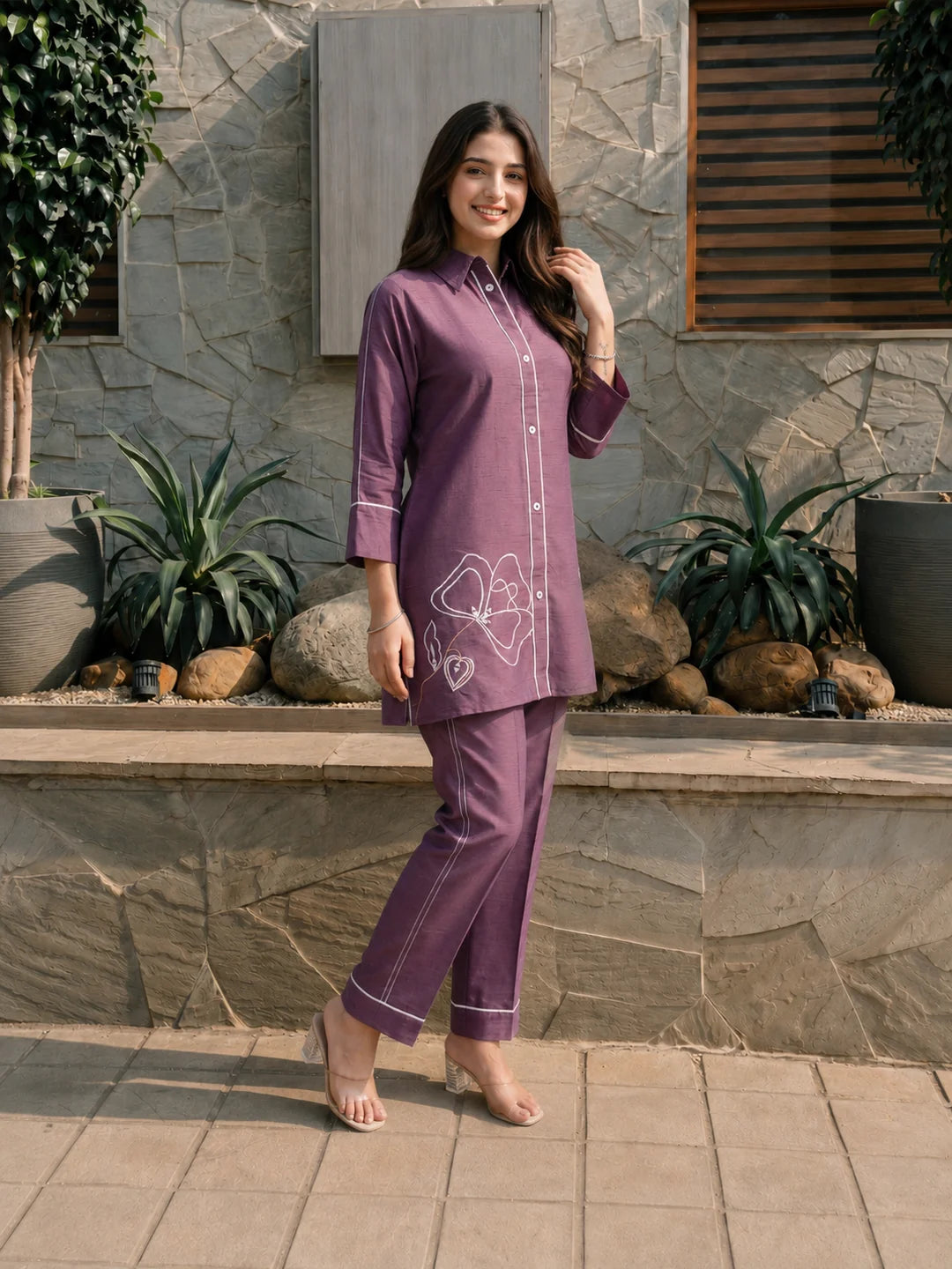 Purple Dola Silk Thread Work Co-ord Set