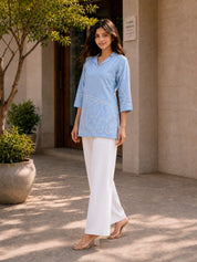 Sky Blue Cord Work Tunic in Cotton Linen