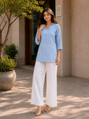 Sky Blue Cord Work Tunic in Cotton Linen