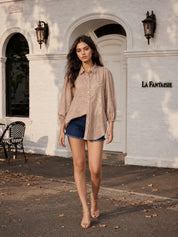 Beige Cotton Khadi Shirt with Fern Leaf Rhinestone Detailing