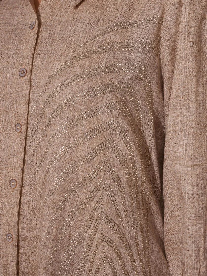 Beige Cotton Khadi Shirt with Fern Leaf Rhinestone Detailing