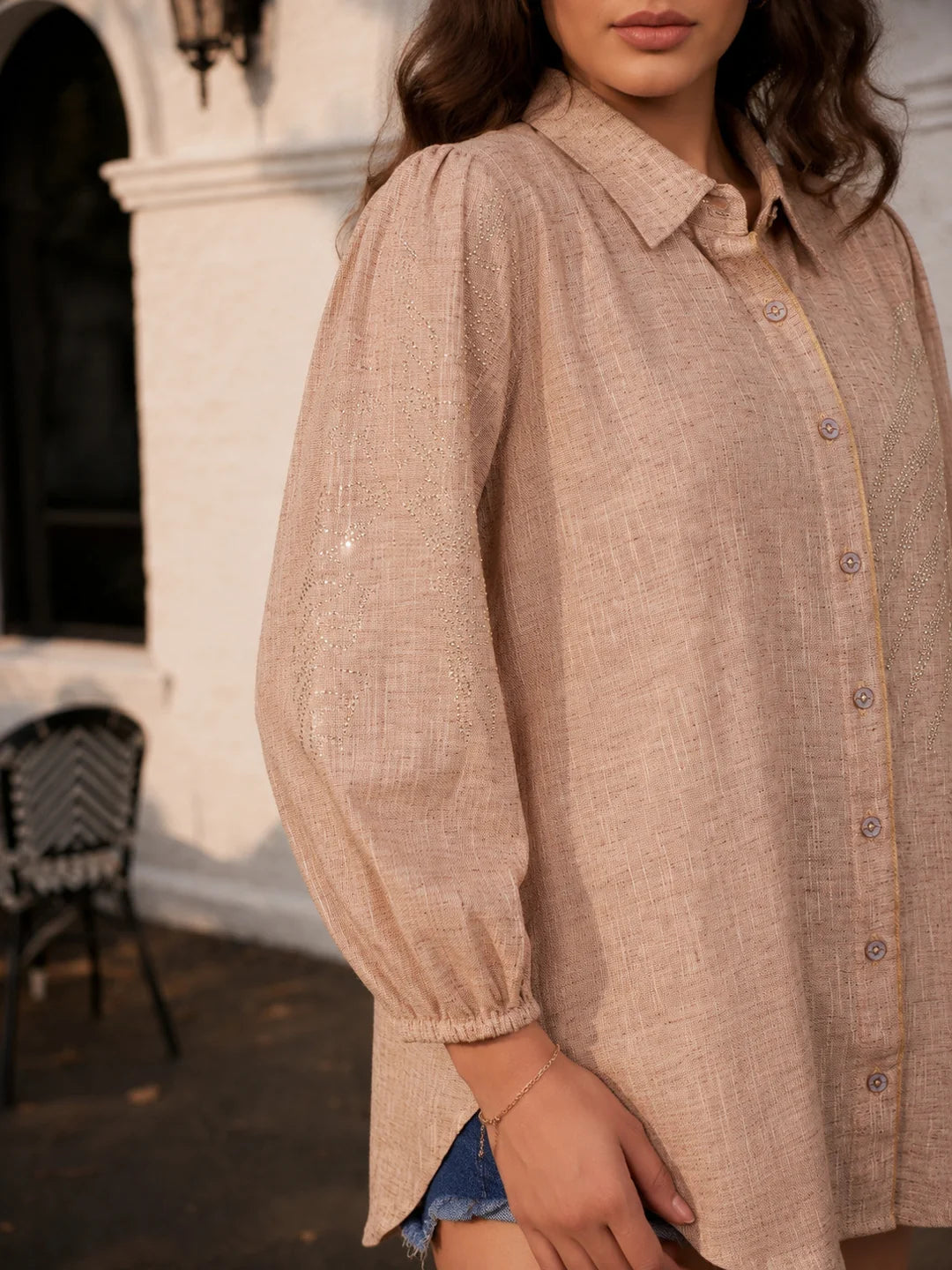 Beige Cotton Khadi Shirt with Fern Leaf Rhinestone Detailing