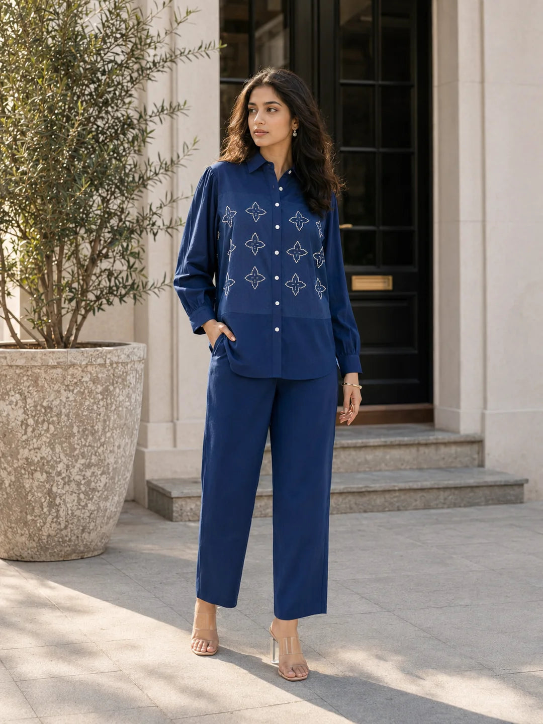 Navy Blue Embroidered Co-ord Set in Cotton
